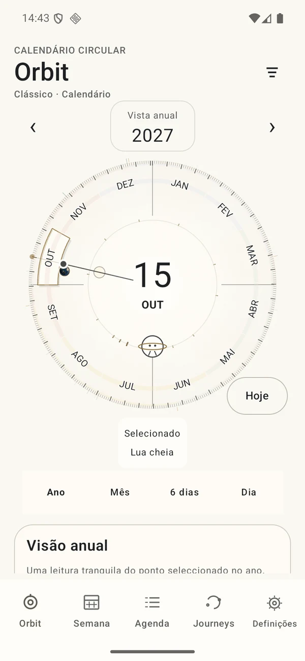 Orbit app: annual wheel, selected date and navigation